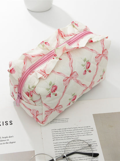 Cosbai - Floral Quilted Makeup Bag with Lace Trim detail view 4