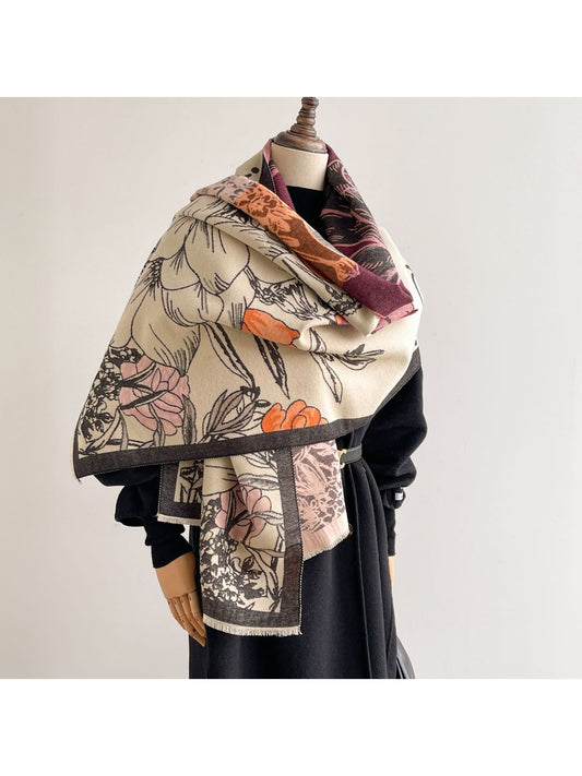 Scarvii - Contrast-Border Botanical Fringed Shawl