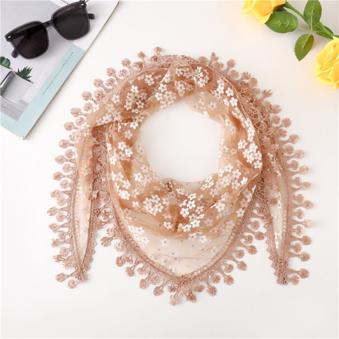Haila Daisy Lace Triangle Veil Scarf folded neatly with visible daisy lace motifs