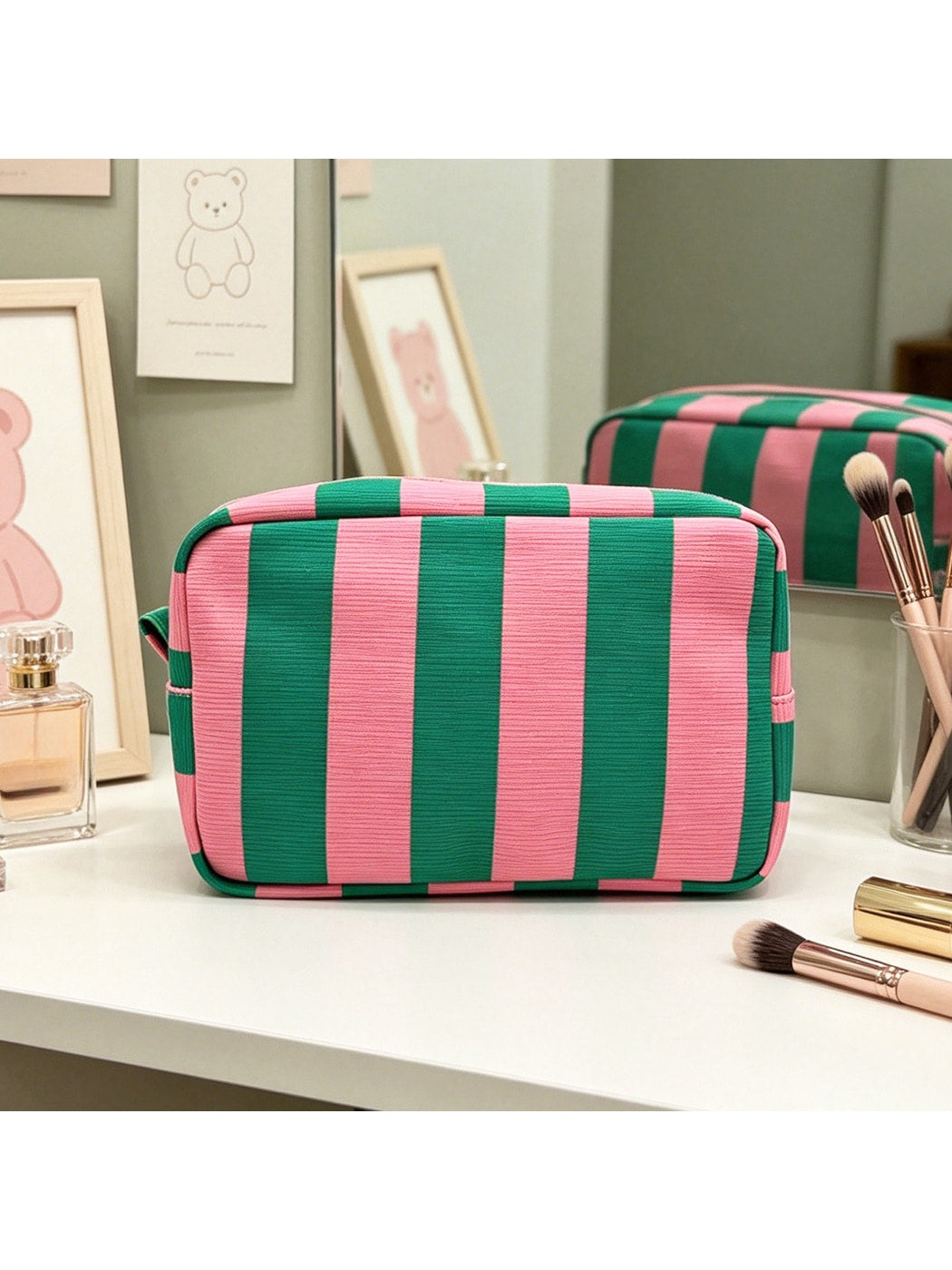 Cosbai - Striped Zipper Cosmetic Organizer Bag