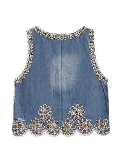 Crosa - Scalloped Hem Floral Pattern Embroidered Vest