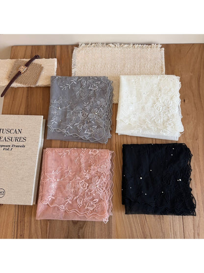 Scarvii - Rose Embroidered Lace Edge Long Scarf