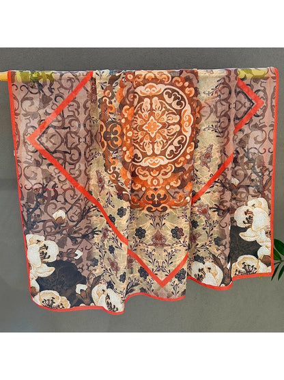 Scarvii - Brown Tone Floral Print Square Scarf