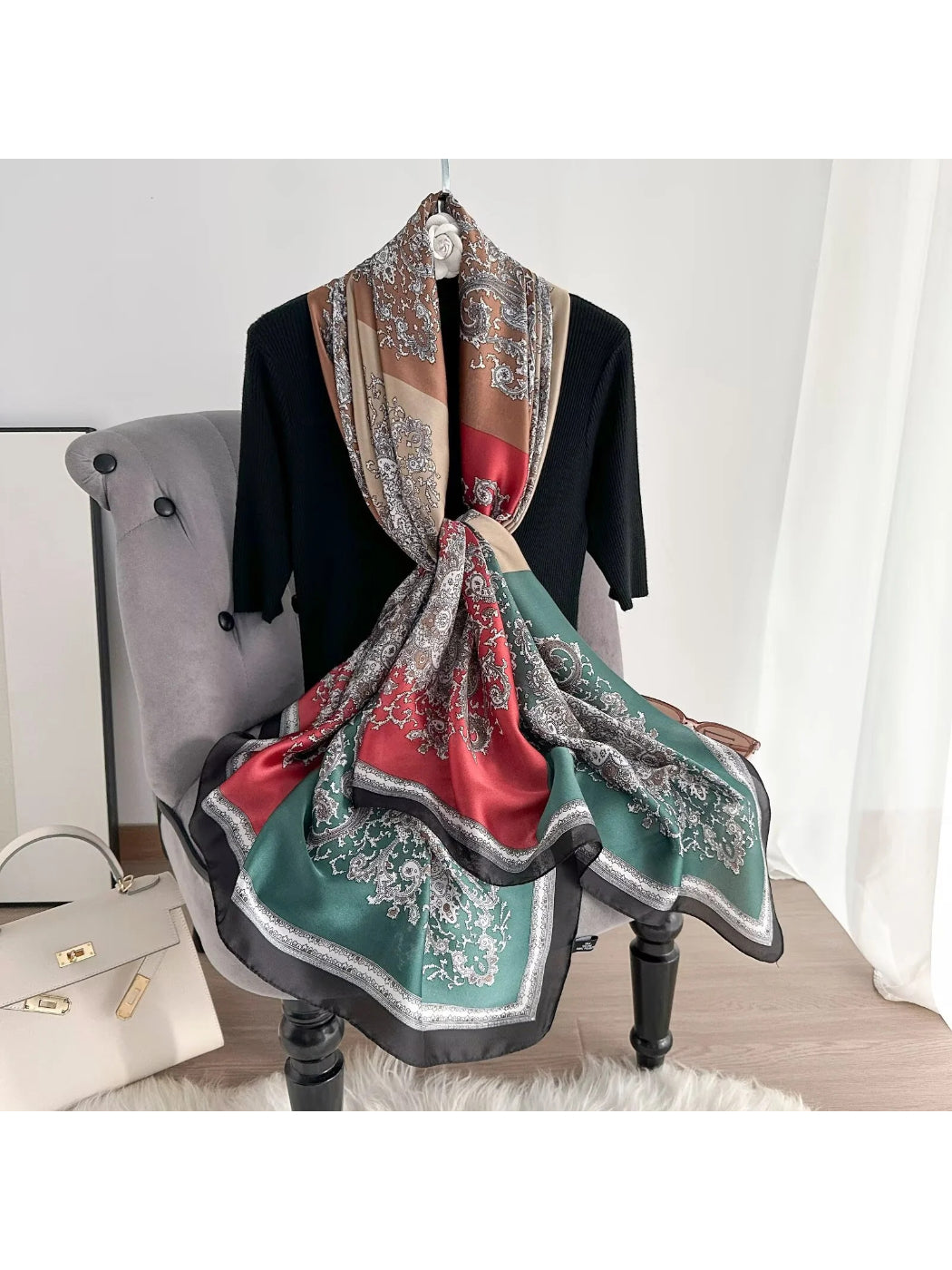 Scarvii - Ornate Paisley Colorblock Print Scarf