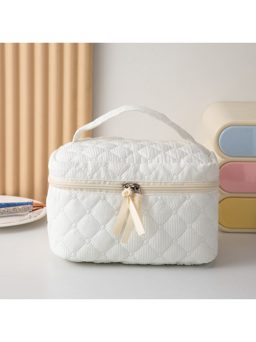 Cosbai - Quilted Plaid Zipper Cosmetic Organizer Bag