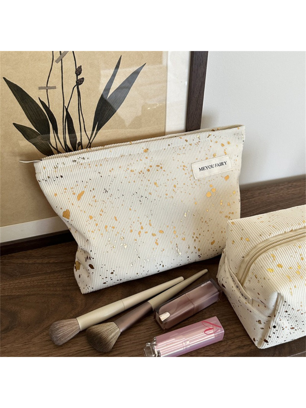 Cosbai Abstract Speckle Cosmetic Bag standing upright showing full design and shape
