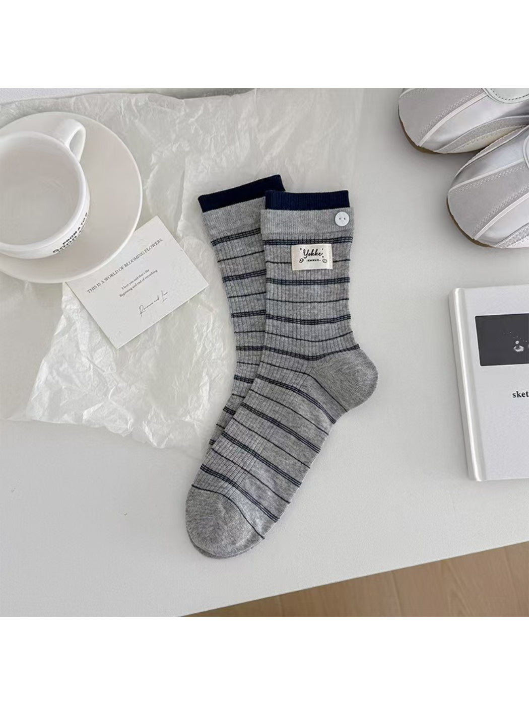 Rufia - Fine Stripe Button Detail Crew Socks product image 6