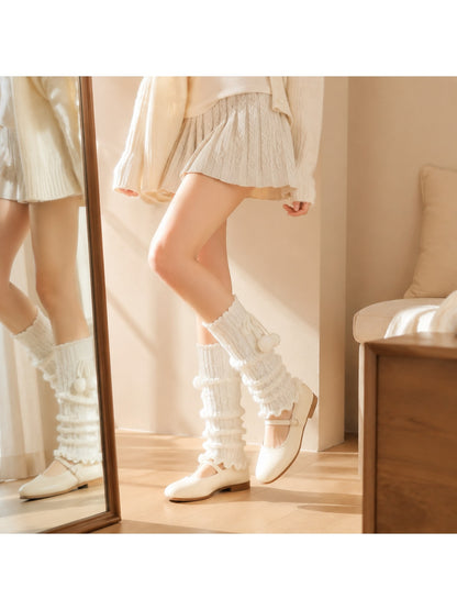 Cozyra - Pom-Pom Cable-Knit Ruffled Leg Warmers