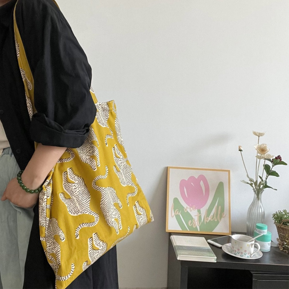 Cosbai tote bag displayed flat highlighting vibrant print and stitching