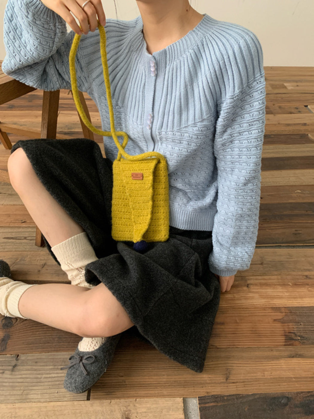 Cosbai - Pointed Flap Knit Crossbody Bag with Pom Pom