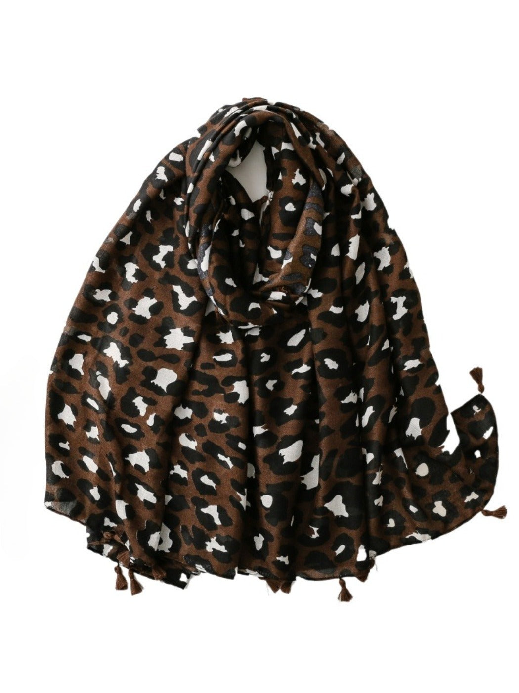 Brown leopard print scarf with fringe edges displayed flat