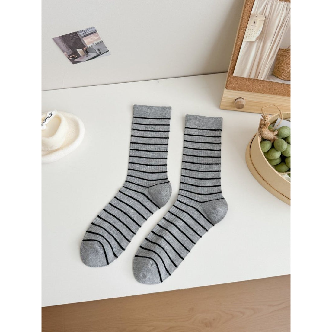 Side view of Rufia Pretty Fine Stripe Crew Socks highlighting crew length and stripes