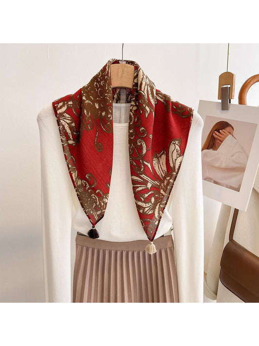 Scarvii - Warm Tone Floral Print Fashion Square Scarf