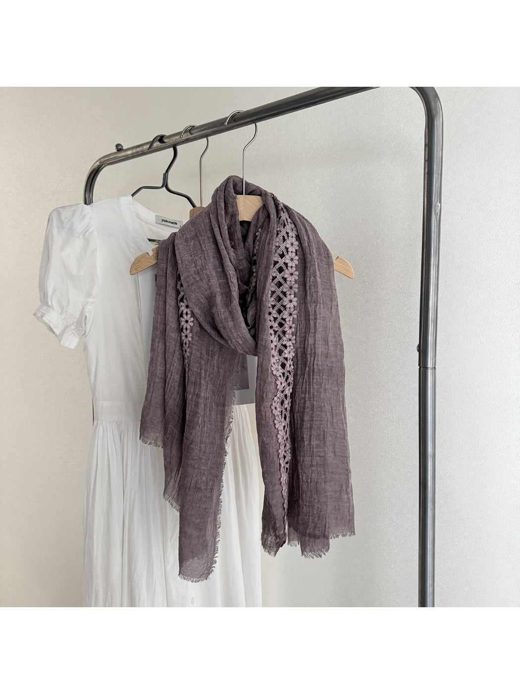 Scarvii - Lace Trim Crinkle Long Scarf
