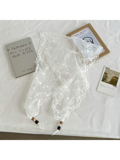 Scarvii - White Floral Embroidery Lace Trim Scarf