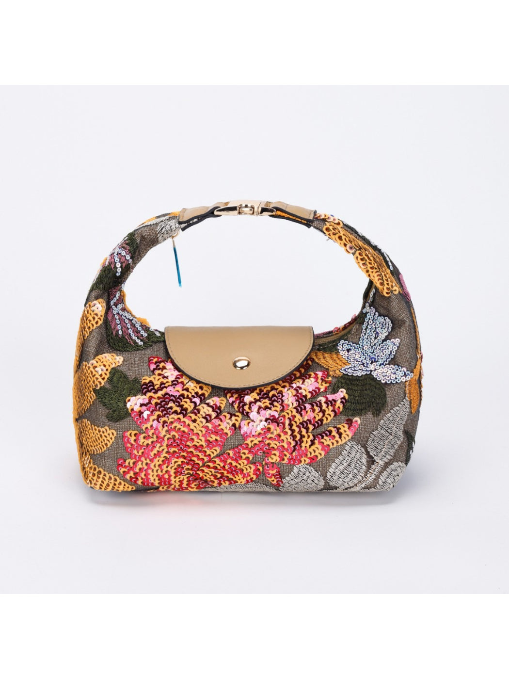 Cosbai embroidered sequin shoulder bag with floral design on black fabric