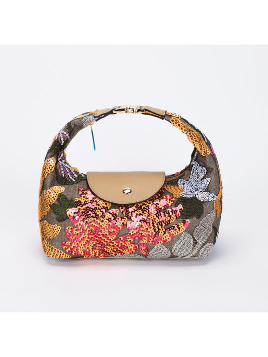 Cosbai embroidered sequin shoulder bag with floral design on black fabric