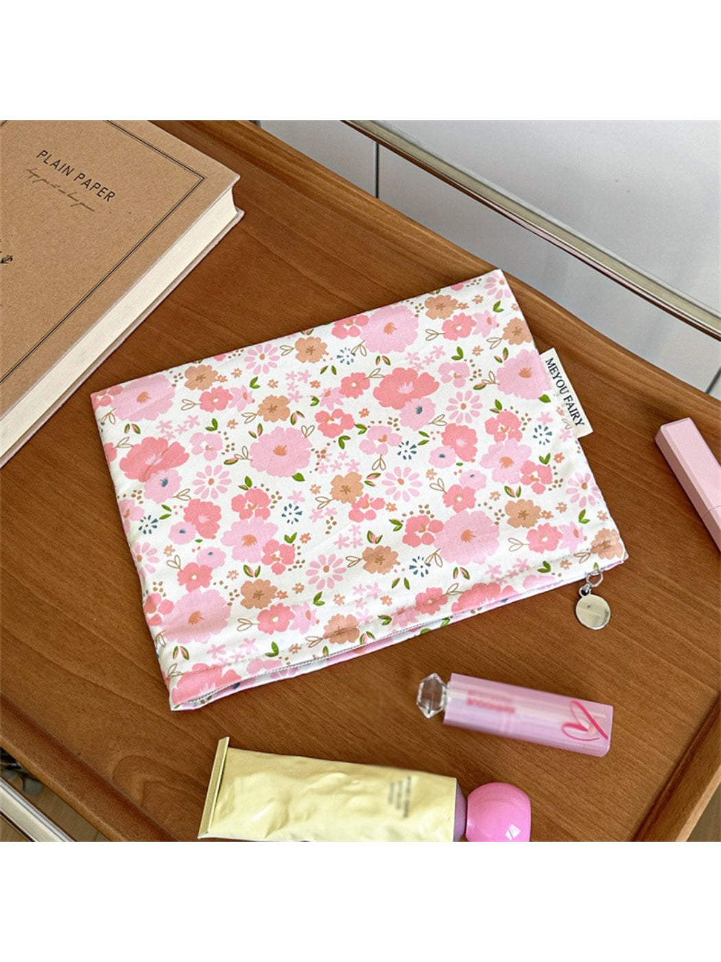 Side view of Cosbai Candy Check Makeup Bag highlighting its rectangular shape