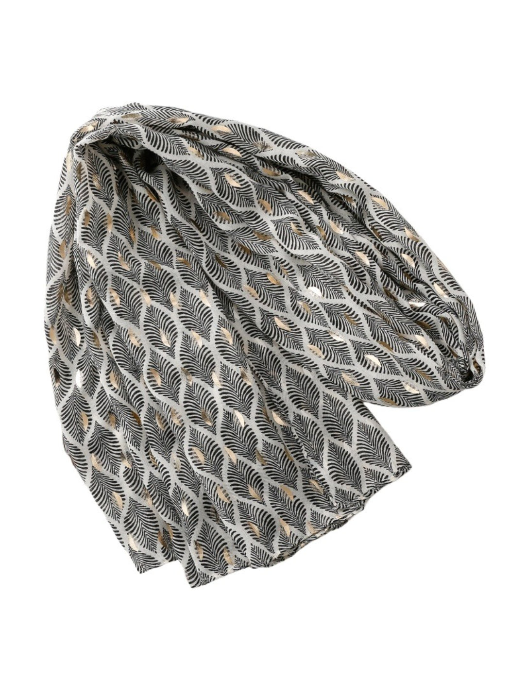 Model holding the scarf to display its lightweight and soft feather pattern fabric