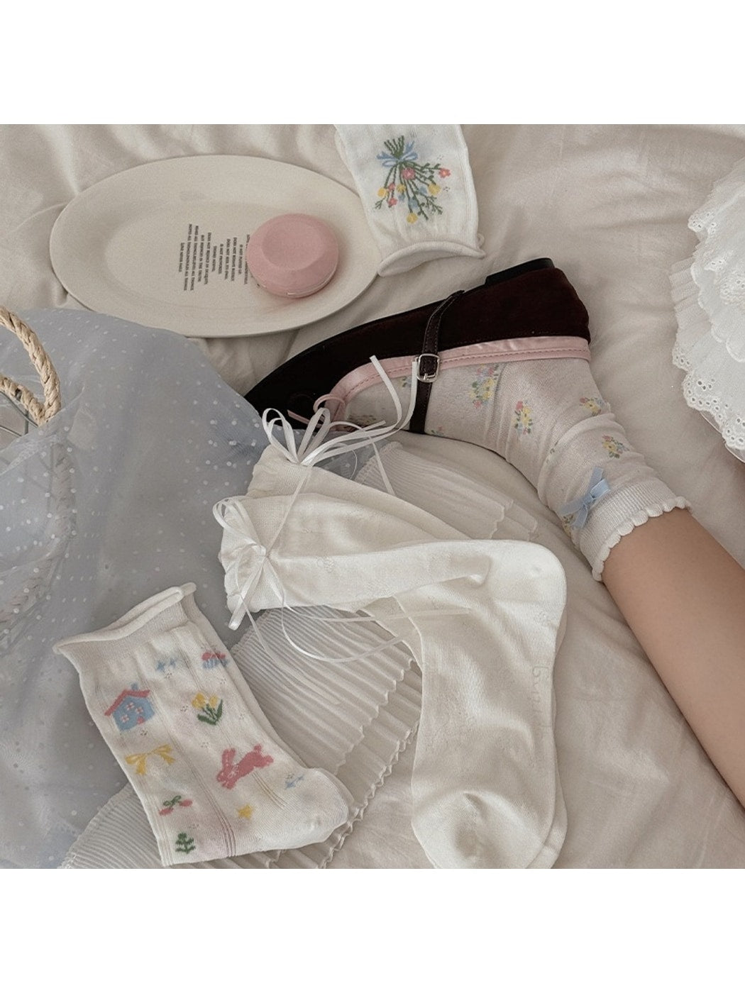 Rufia - Floral Crew Socks with Bow Accent