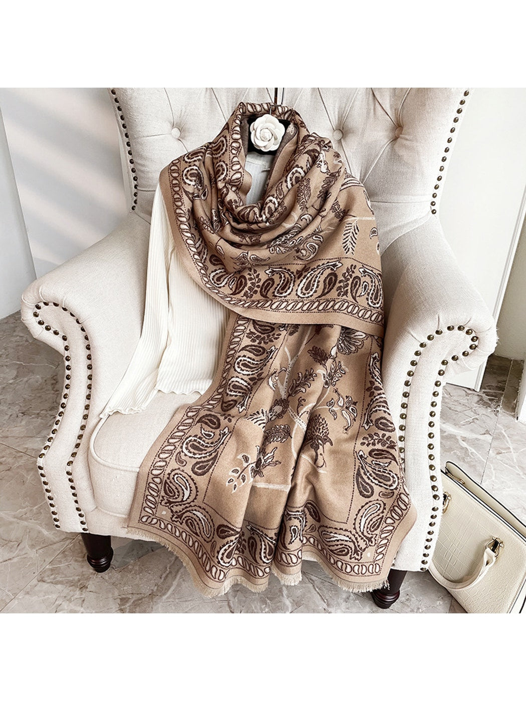 Scarvii - Printed Bird and Paisley Fringed Scarf