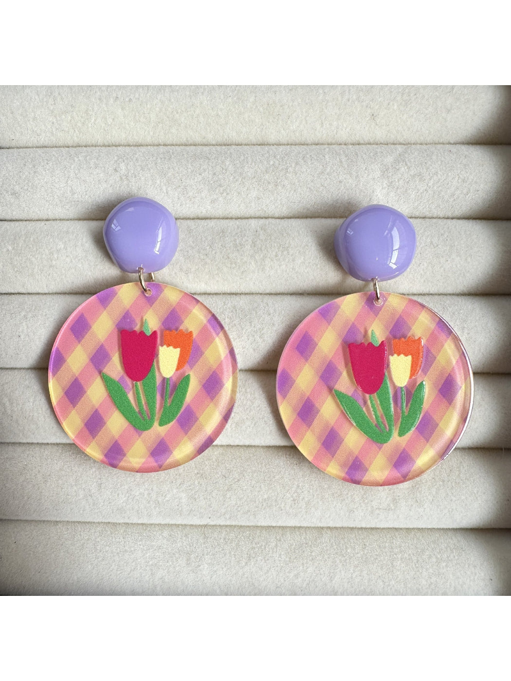 Earwish Tulip Gingham Drop Earrings with pink and white checkered fabric petals