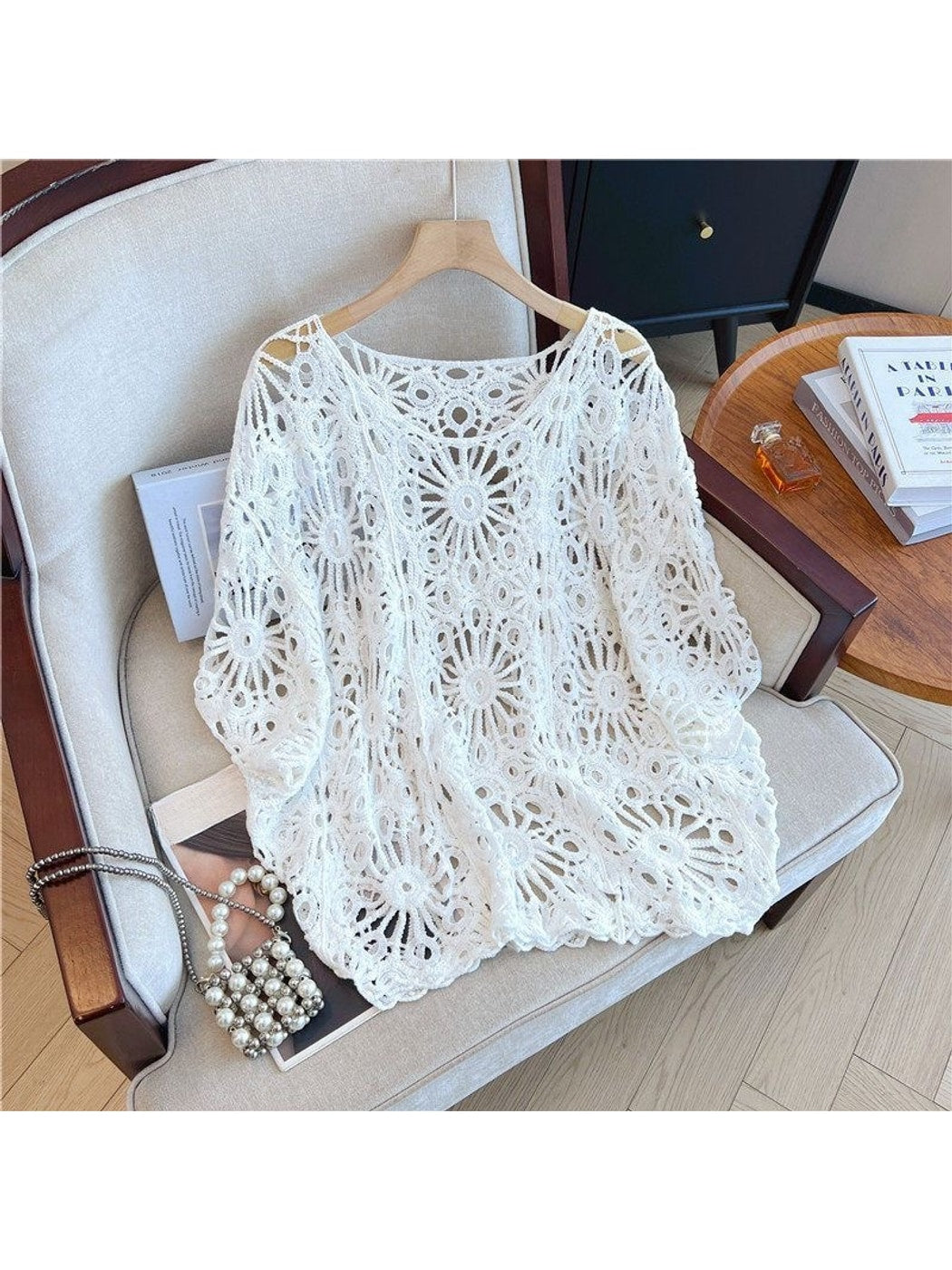 Crosa - Crochet Hollow Out Round Neck Beach Cover Up