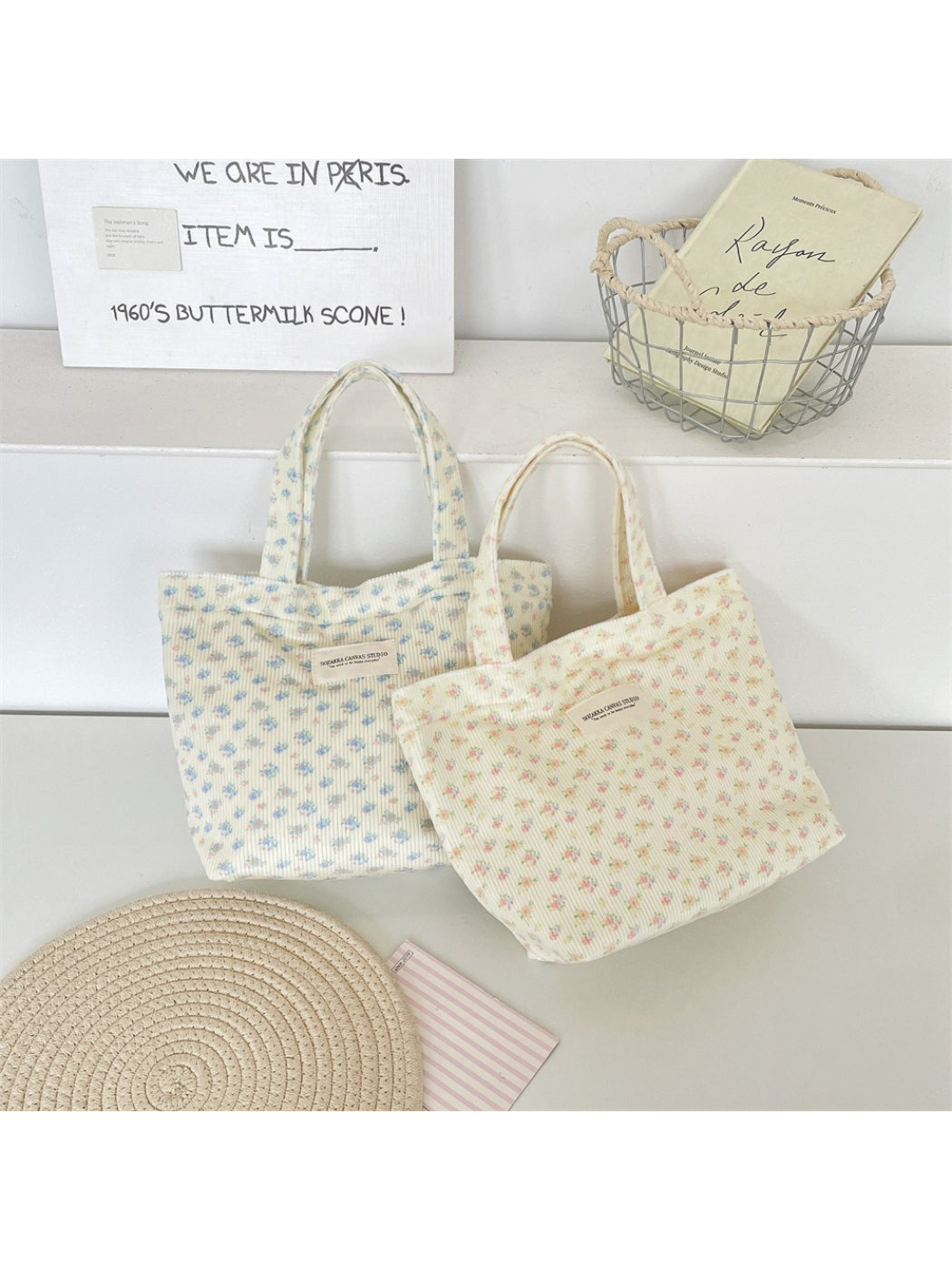 Side view of Cosbai ribbed floral small carry tote showing texture and handles