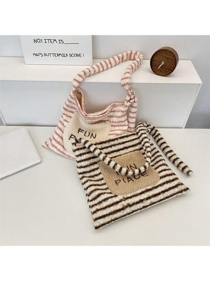 Cosbai - Plush Striped Tote Handbag with Patch
