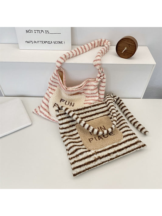 Cosbai - Plush Striped Tote Handbag with Patch