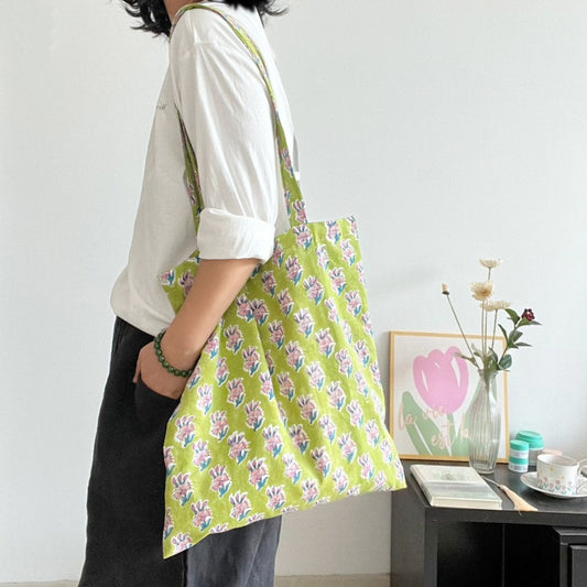 Fresh green floral shopper tote bag with soft shoulder straps