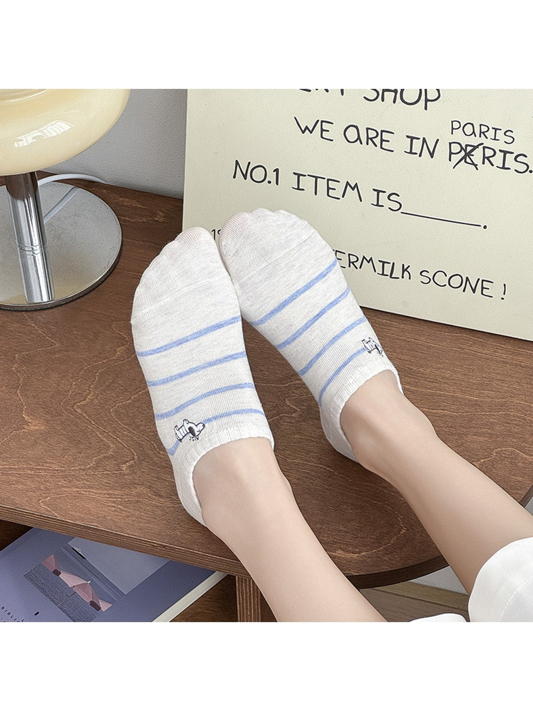 Rufia - Striped Dog Embroidery No Show Socks