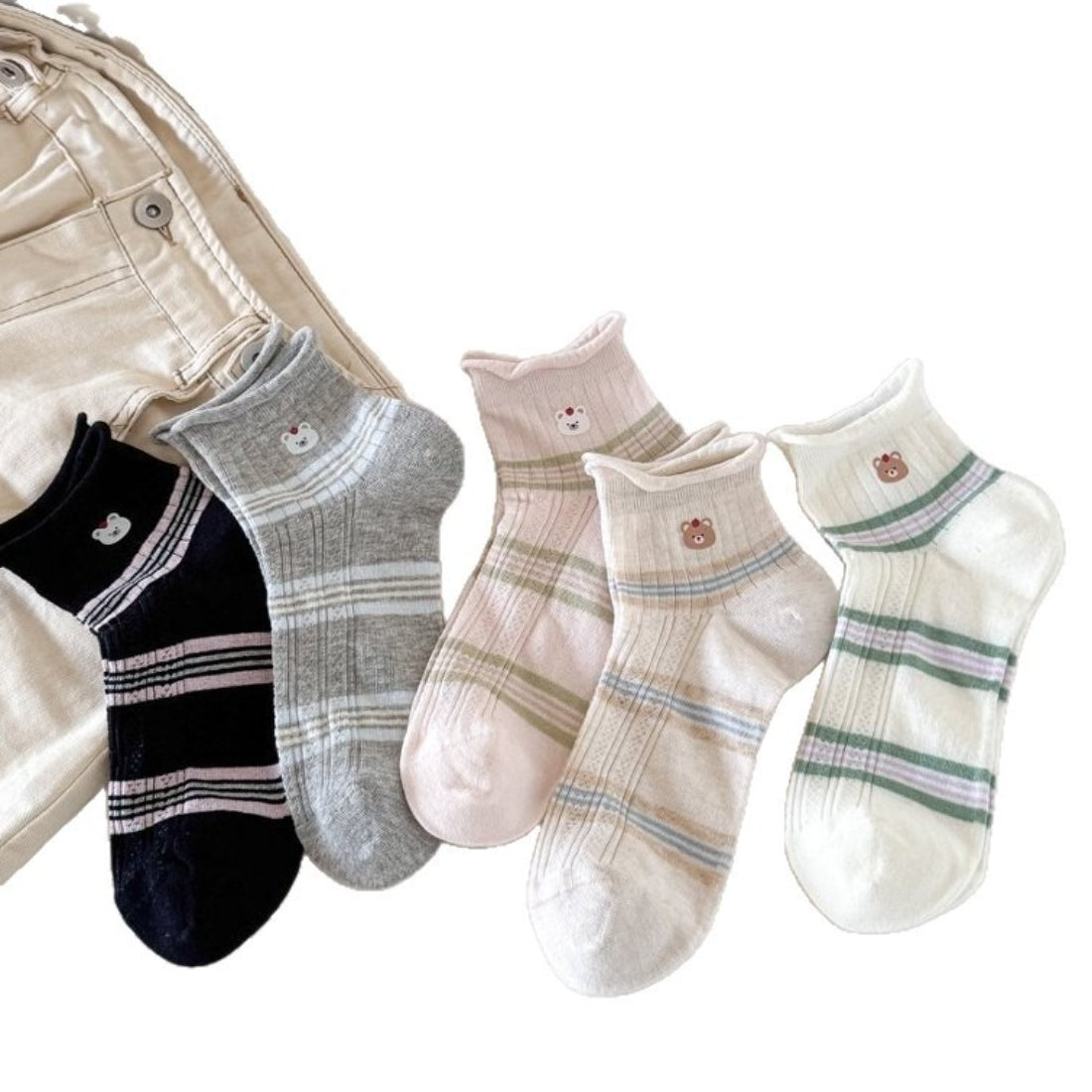Rufia Cute Bear Stripe Crew Socks laid flat displaying full striped pattern