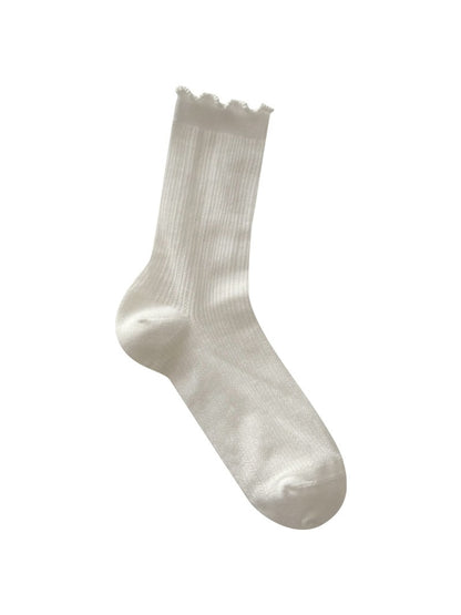 Rufia - Minimalist Solid Color Ruffles Trim Crew Socks