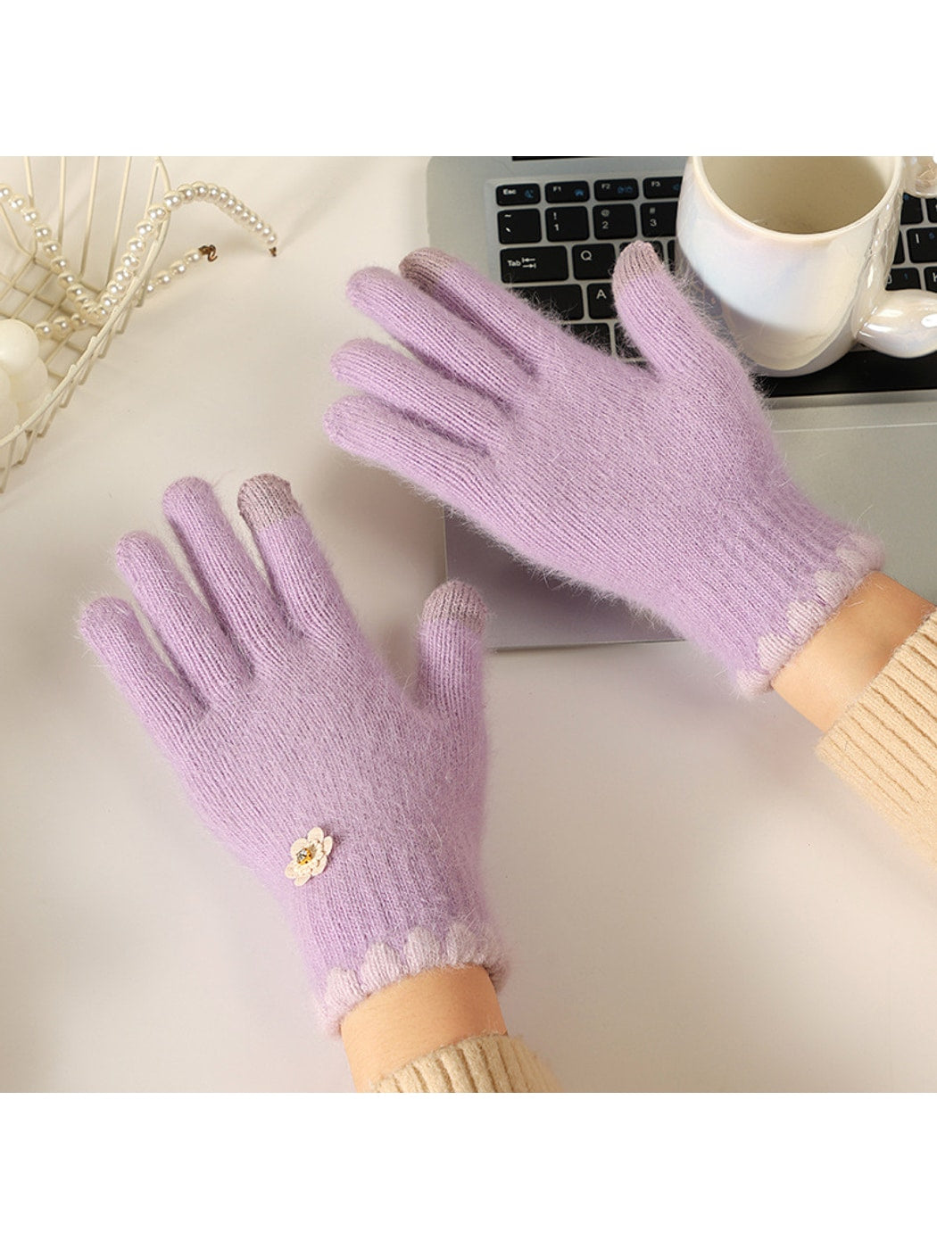 Gloving - Floral Accent Fuzzy Knit Winter Gloves