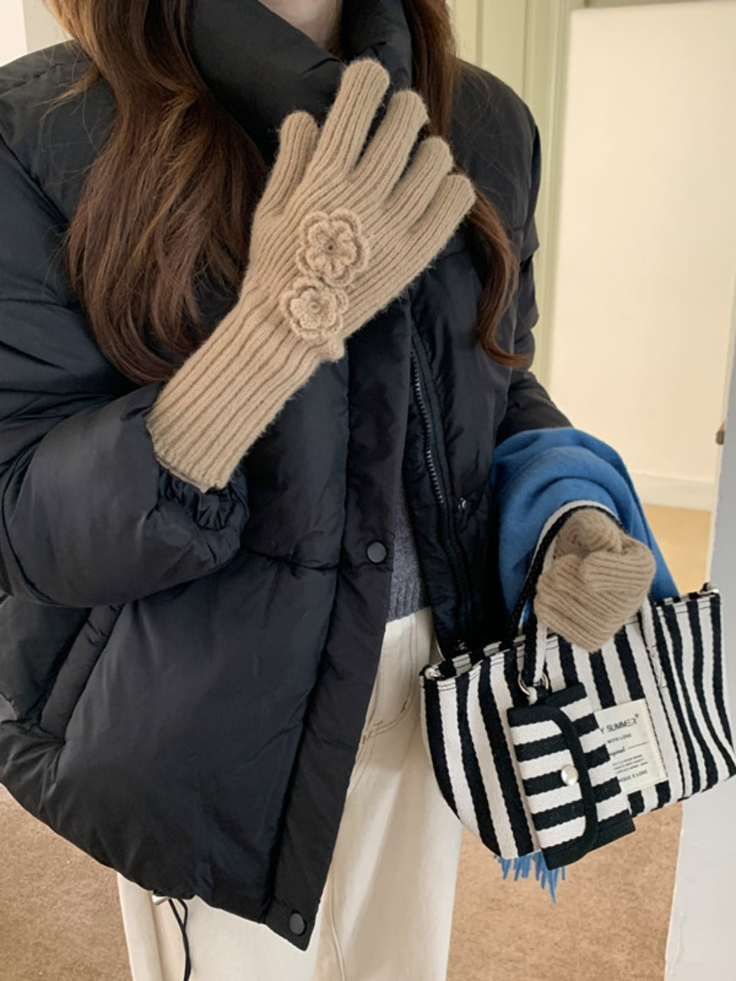 Gloving - Thickened Full-Cover Knitted Gloves with Flower