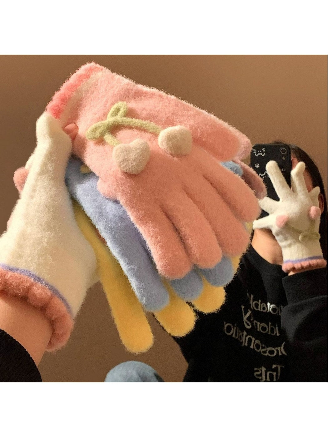 Gloving - Cherry Detail Five-Finger Winter Gloves