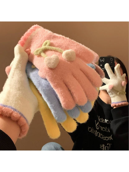 Gloving - Cherry Detail Five-Finger Winter Gloves