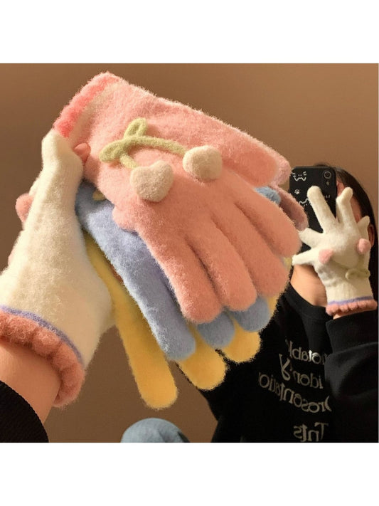 Gloving - Cherry Detail Five-Finger Winter Gloves