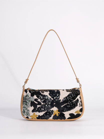 Cosbai Floral Sequin Shoulder Bag with floral sequin pattern and gold chain strap close-up