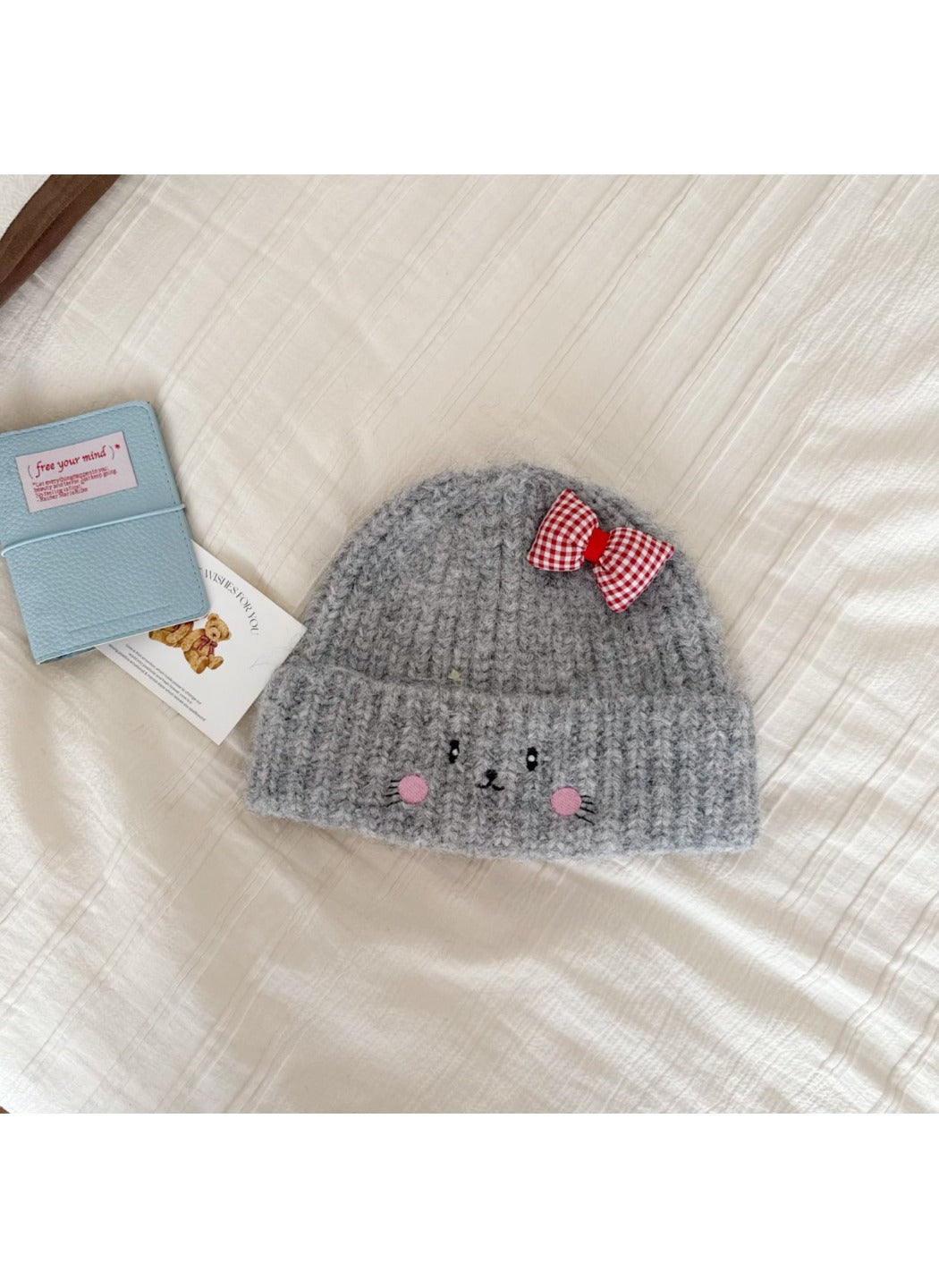 Haila - Cat Face Knit Beanie with Gingham Bow