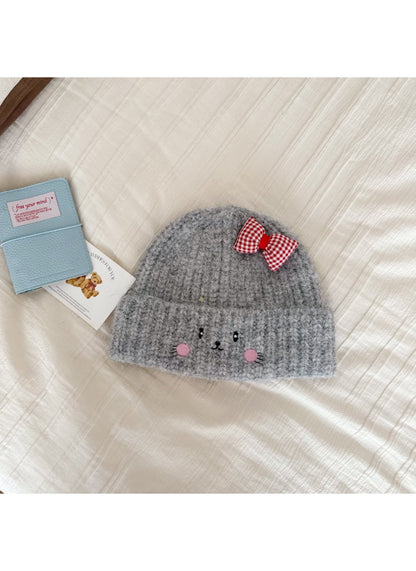 Haila - Cat Face Knit Beanie with Gingham Bow