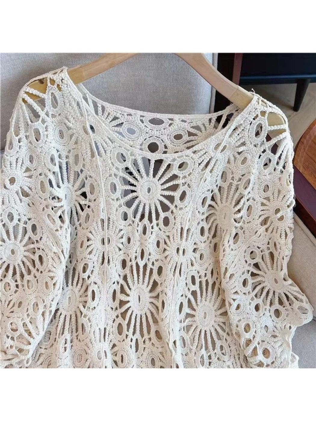Crosa - Crochet Hollow Out Round Neck Beach Cover Up