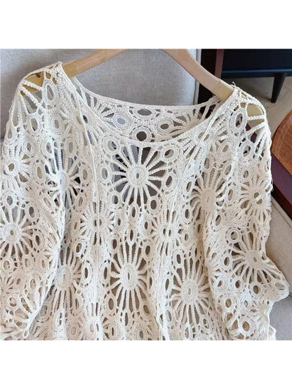 Crosa - Crochet Hollow Out Round Neck Beach Cover Up