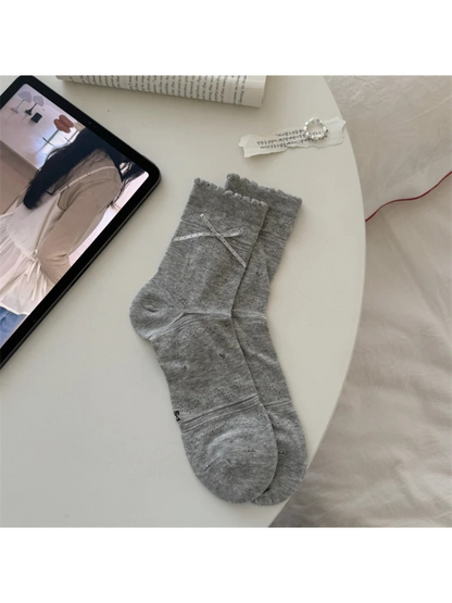 Rufia - Pointelle Ruffle Crew Socks with Ribbon Detail