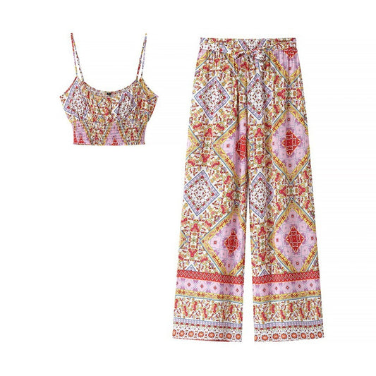Troposa - Boho Print Top And Pants Set - Colorful & Chic