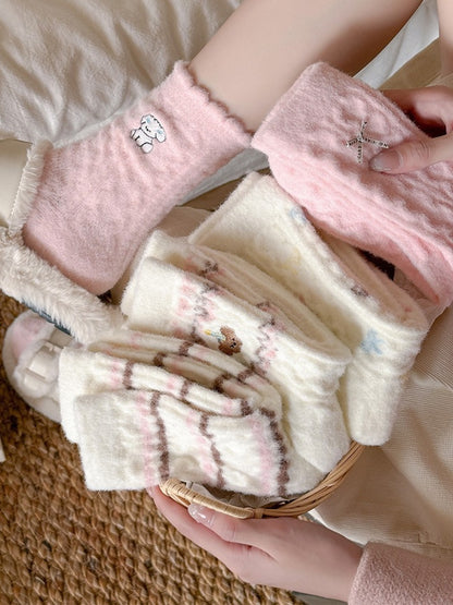 Rufia - Cute Soft Thick Winter Socks - Pink & White