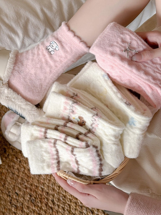 Rufia - Cute Soft Thick Winter Socks - Pink & White