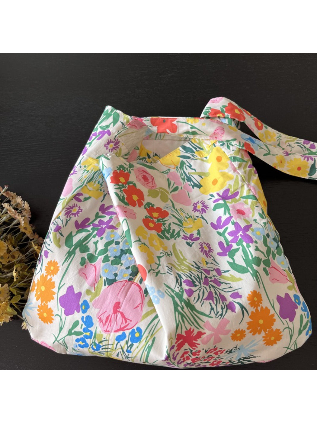 Cosbai Meadow Bloom Slouch Tote Bag displayed on wooden surface