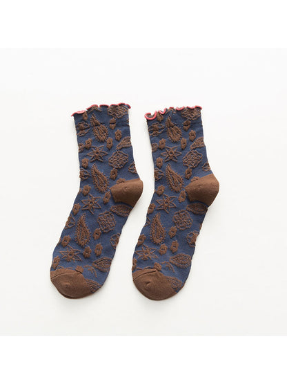 Rufia - Scalloped Trim Floral Pattern Crew Socks